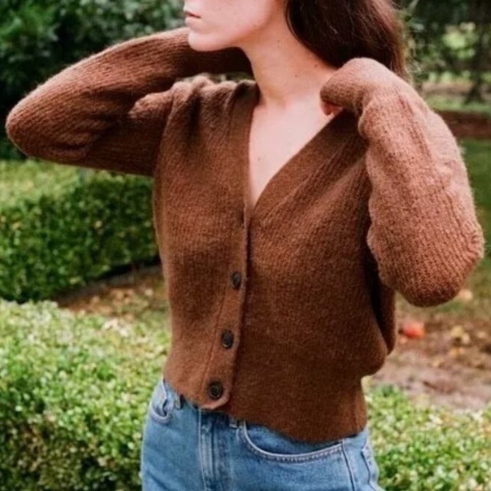 WILFRED Free Wool Blend Made in Italy V-Neck Cropped Cardigan Mocha Brown SZ: S
